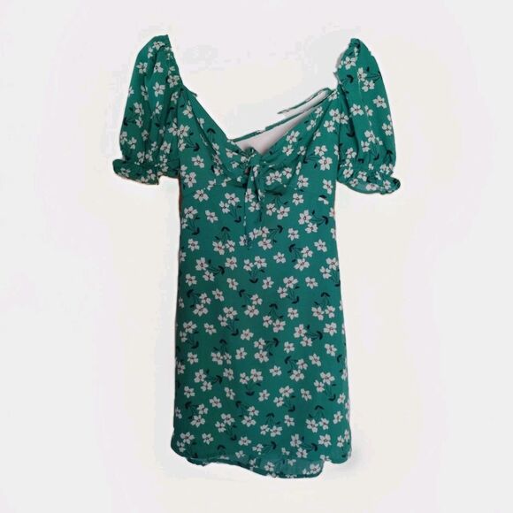 Lulus Women's Baby Doll Lace Up 90s Mini Dress Green Floral Blooming Bouquet S - Picture 3 of 9